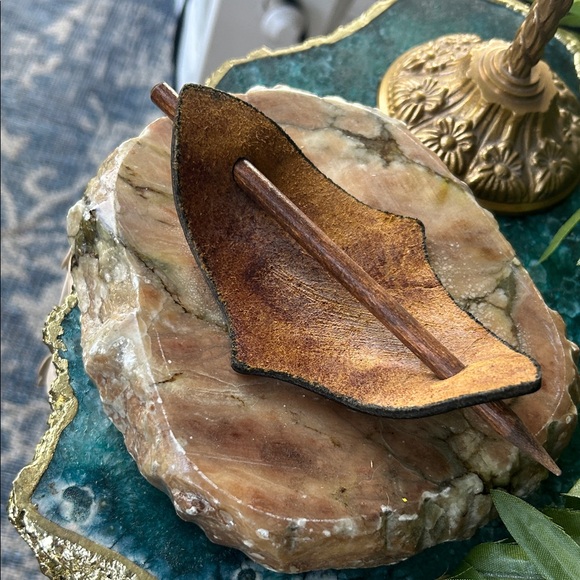 Vintage Handcrafted Leather and Wooden Hair Stick Slide Barrette main image 5